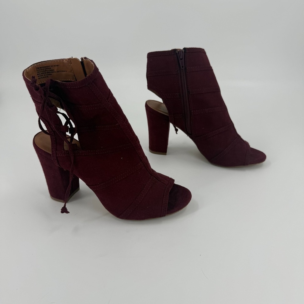 XOXO Beaumont Heeled Sandals Womens Size 7M Burgundy Peep Toe Side Zip & Laces